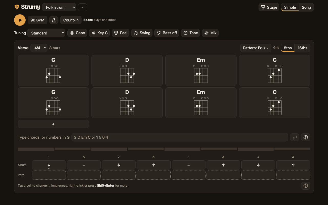 Strumy with a song open: the chords G, D, Em and C, twice, and the Folk strum pattern.